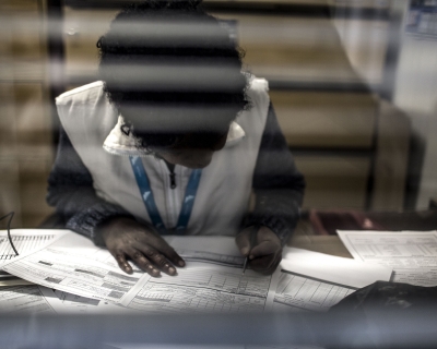 A peer educator of the Wits Reproductive Health Institute Sex Worker Programme sits in consultation with a client at the clinic in Hilbrow, Johannesburg, on July 20, 2017.