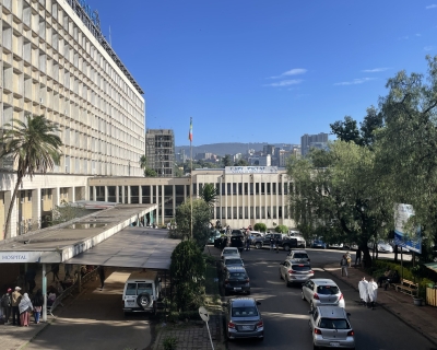 Tikur Anbessa Specialized Hospital, Addis Ababa University medical campus on sunny day with a blue sky background. 