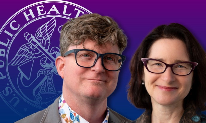 Purple background with U.S. Surgeon General seal and headshots of Ryan Kennedy (a man with a light complexion, wavy brown hair, black glasses and a colorful shirt) and Joanna Cohen (a woman with a light complexion, dark brown shoulder-length hair, and red glasses)