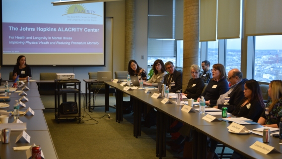 ALACRITY Center Faculty, Staff, and Stakeholders sitting at a roundtable and engaged in discussion during the 2019 ALACRITY Center Research Day.