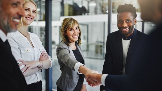 Professional partners gathered together and standing near each other.  Two of the professionals are shaking hands.