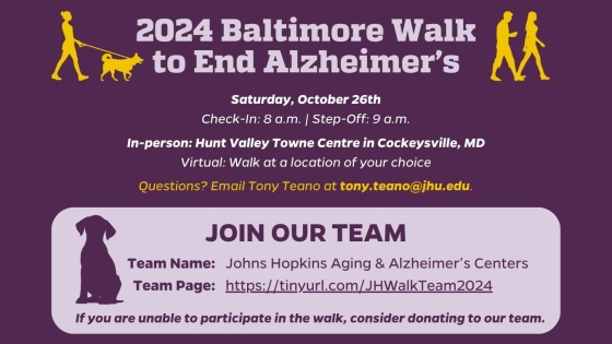 A graphic with information about the 2024 Baltimore Walk to End Alzheimer's, which takes place Saturday, October 26th