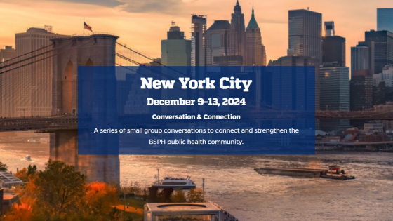 A skyline photo of NYC with the words "New York City December 9-13th Conversation and Connection" on a blue box