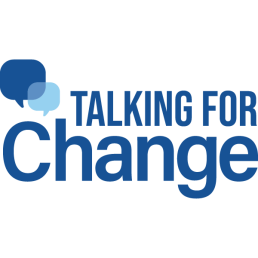 Talking for Change logo in blue with blue text bubbles 