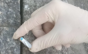 Person's hand wearing a rubber glove collects branded cigarette butt from a sidewalk in Guarujá, São Paulo, Brazil, as part of data collection for a study