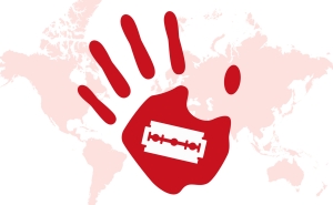 A graphic of red hand with a razor blade in its center, over a map of the world.