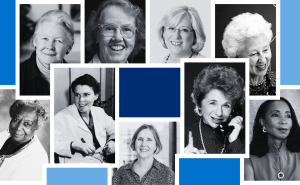 A photocollage of Susan Baker, Edyth Hull Schoenrich, Lisa Coussens, Anna Baetjer, Lillie Tyson Head, Isabel Morgan, Nan Laird, Ruth Westheimer, and Helene Gayle.