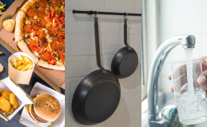 A collage of images, featuring fast food in packaging, nonstick pans, and a person getting a glass of water from a kitchen sink.