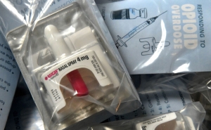 Naloxone, packaged with instructions, is one of the items given out by the Baltimore Harm Reduction Coalition outreach workers.