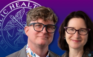 Purple background with U.S. Surgeon General seal and headshots of Ryan Kennedy (a man with a light complexion, wavy brown hair, black glasses and a colorful shirt) and Joanna Cohen (a woman with a light complexion, dark brown shoulder-length hair, and red glasses)