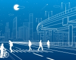 Graphic of a crosswalk with an overpass and city in background