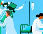 An illustration of two scientists. One is sitting at a desk looking into a microscope. The other is walking away with their arms full of lab equipment.