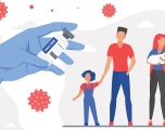 Graphic with a family and covid virus floating around with hand holding vaccine vial
