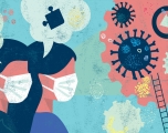 Graphic of a man and woman wearing a mask and thought bubbles on top of their heads