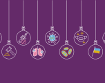 Purple background with holiday ornaments hanging