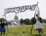 Activists hold a banner up before the start of the &quot;Trans Youth Prom&quot; outside of the US Capitol building on May 22, 2023 in Washington, DC. Anna Moneymaker/Getty