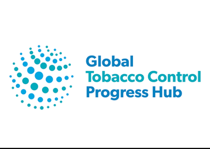 Global Tobacco Control Progress Hub name in teal and blue next to a globe-shaped logo made up of teal and blue circles