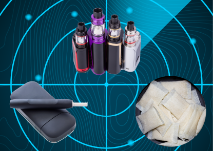 A radar screen background with images of e-cigarettes, heated tobacco products and nicotine pouches
