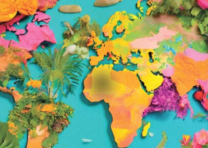 A brightly colored map of the world, covered in flowers