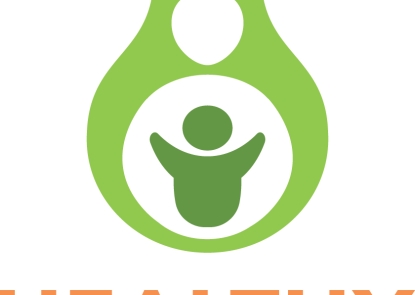 Avocado with silhouette of person with raised arms above text "Healthy for Two"