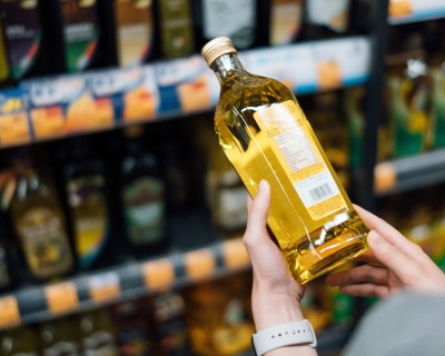 Cooking oil In front of shelves lined with various types of cooking oil, a shopper reads the label of a bottle of cooking oil.
